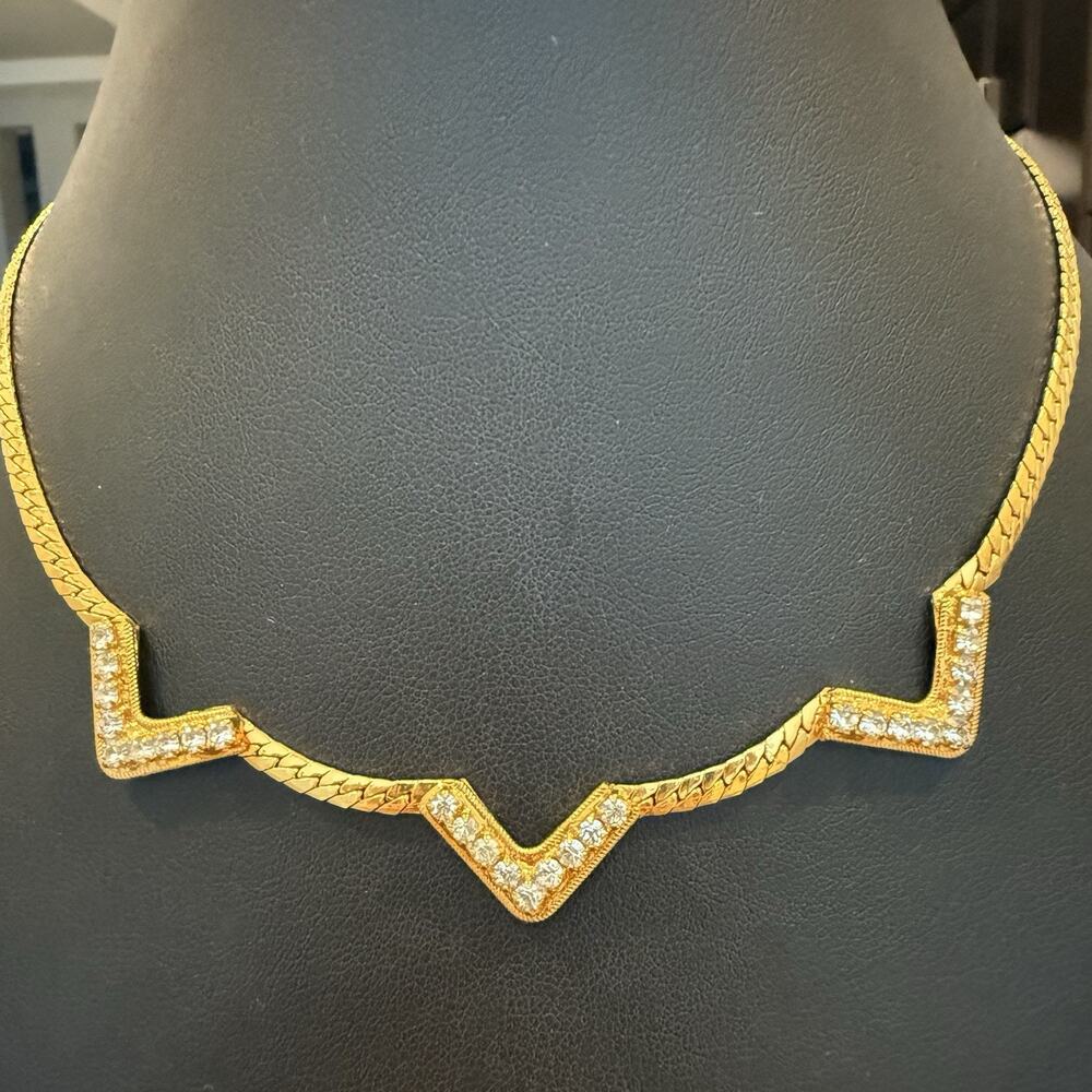 Retro Gold Tone Zig Zag Crystal Herringbone Chain Necklace Classic 15” Choker